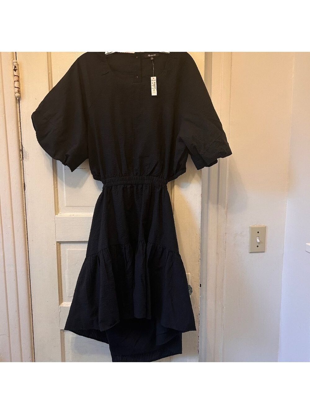 MADEWELL Women's Seersucker Puff-Sleeve Cutout Mini Dress Sz XL - Black NWT $128